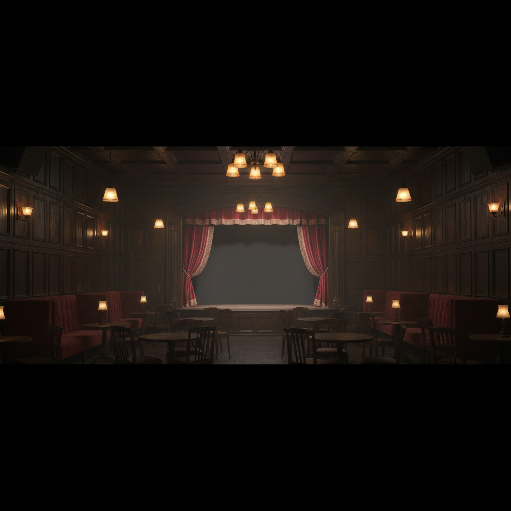 Audience gathered at a concert venue under dramatic stage lighting