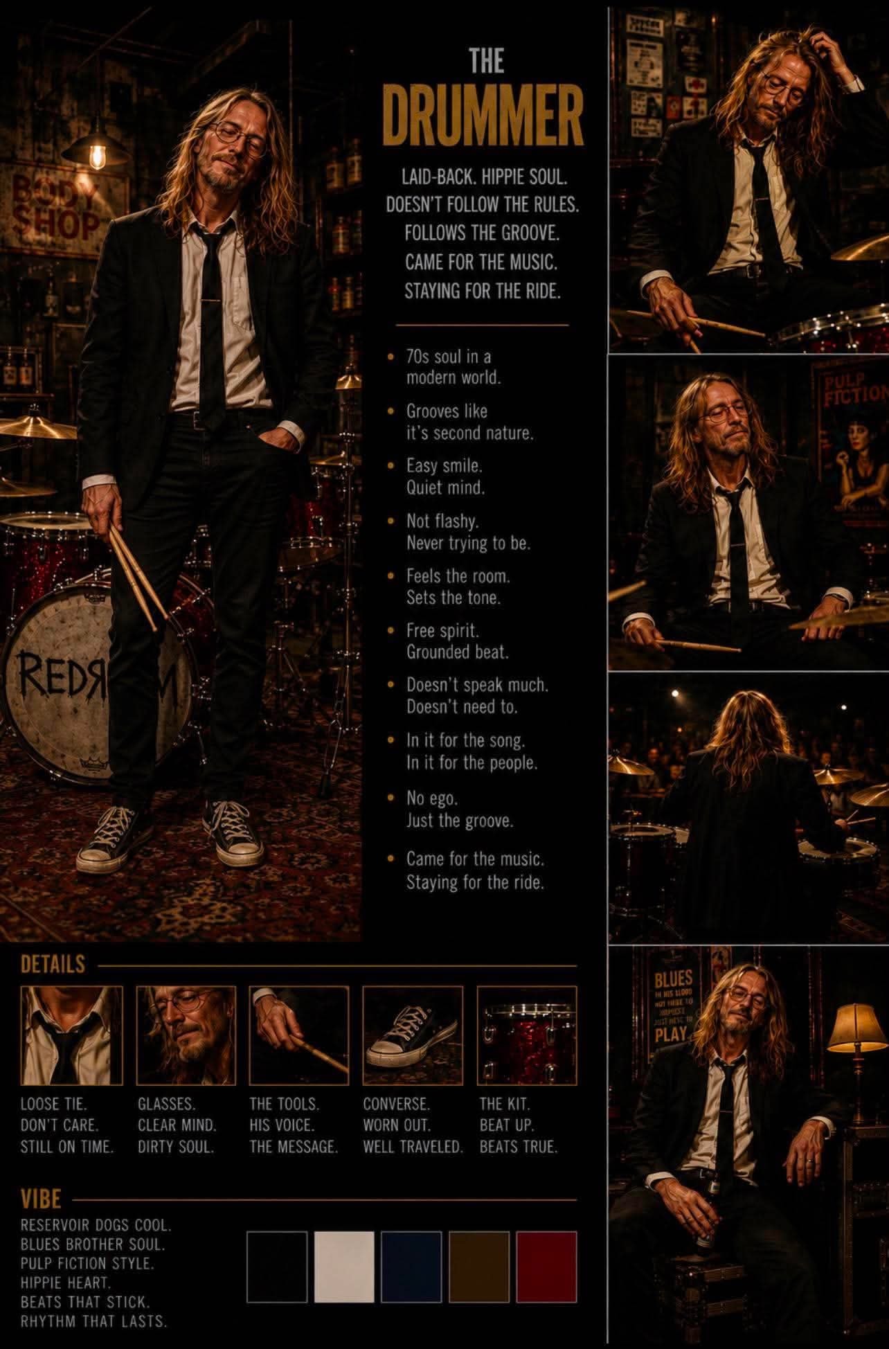 Long-haired Redrum drummer posing beside a drum kit