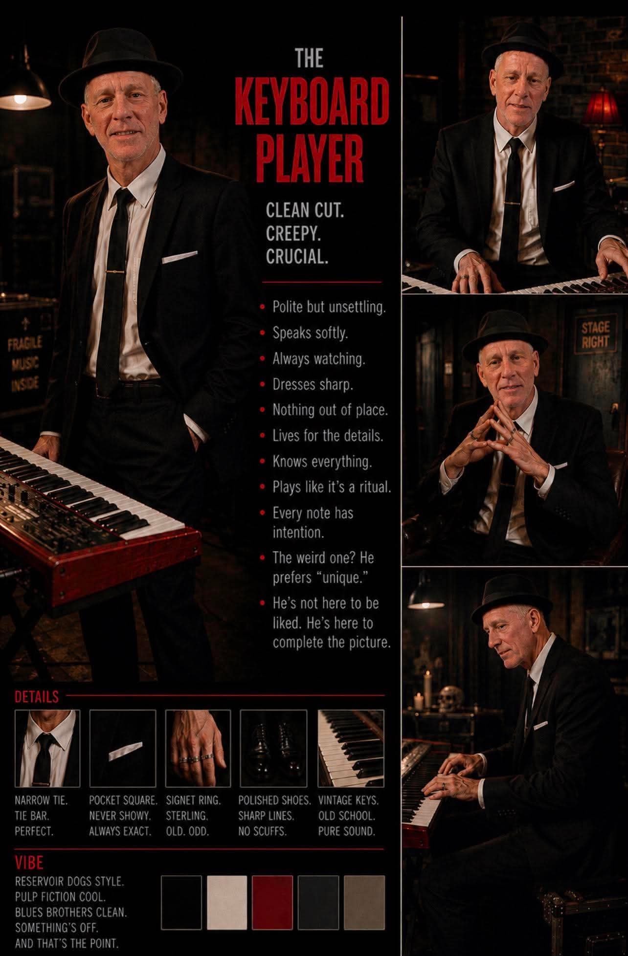 Redrum keyboard player performing in a vintage suit
